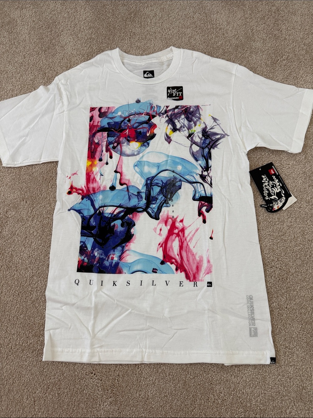 Quiksilver White Short-Sleeve Tee with Blue, Pink & Purple Abstract Graphic